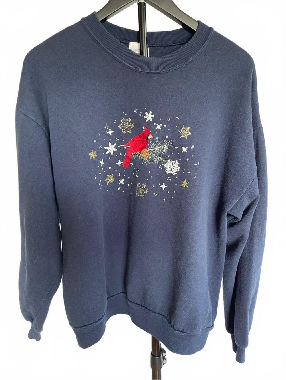 Vintage Navy Cardinal Sweatshirt XL Embroidered Christmas Cottagecore Birdcore